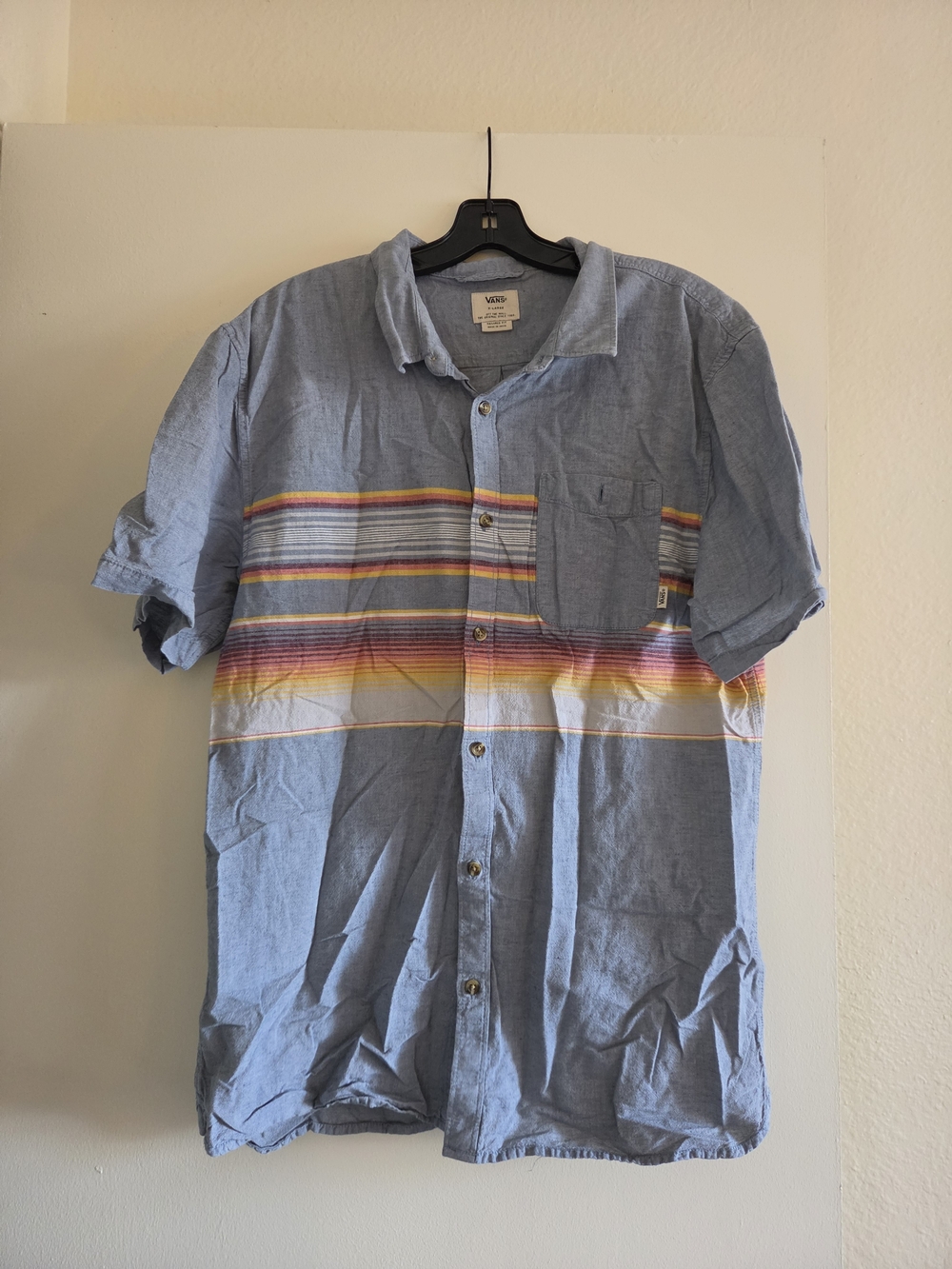Vans Light Blue Short-Sleeve Button-Down Shirt with Multicolor Chest Stripe
